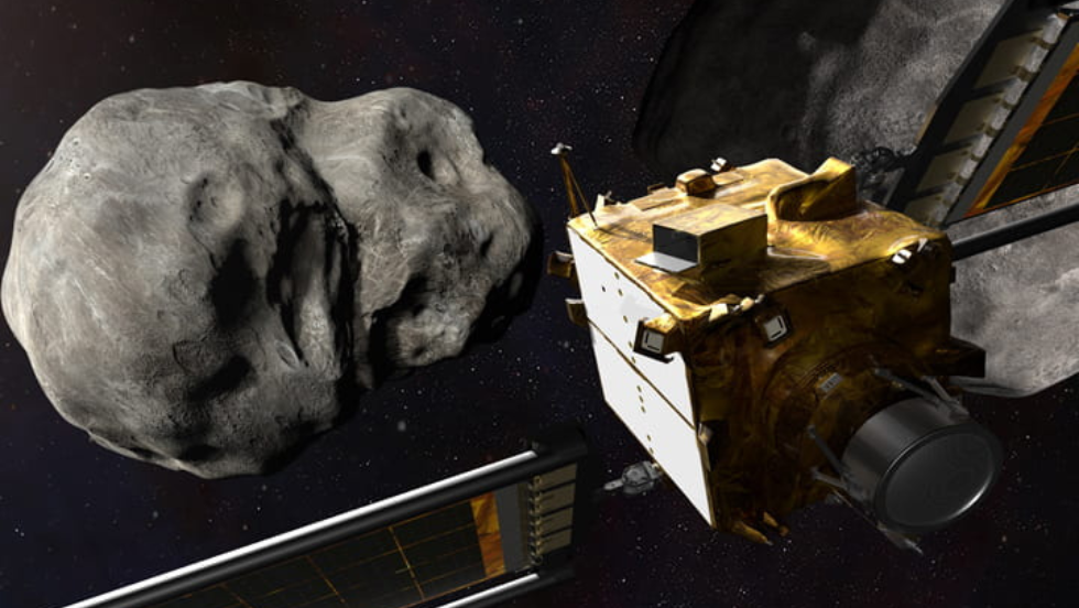 Illustration of a satellite approaching an asteroid. 