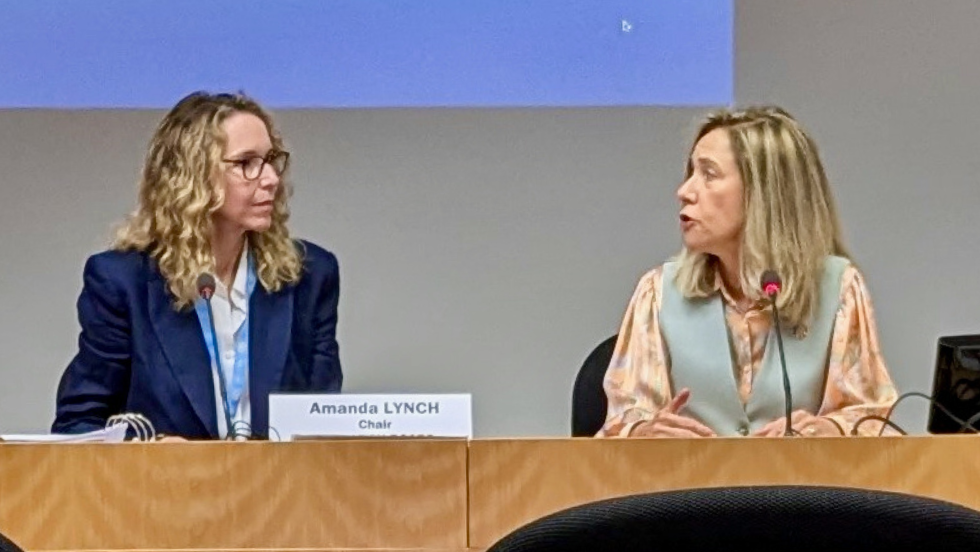 Professor Amanda Lynch (left) and Secretary General Celeste Saulo (right), welcoming the board to Geneva for the WMO annual meeting and providing an exhortation to action. 