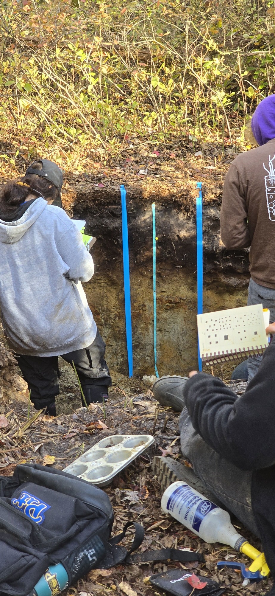 Students stand in a hole dug into the soil with measuring tape, notebooks, and other measuring tools. 