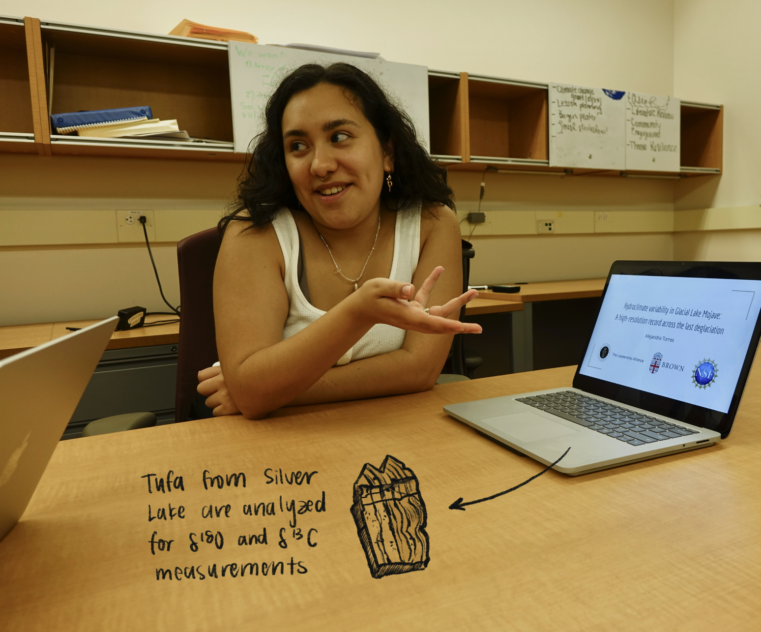 Alejandra explaining her research, with added text that says "Tufa from Silver Lake are analyzed for d18O and d13c measurements." 