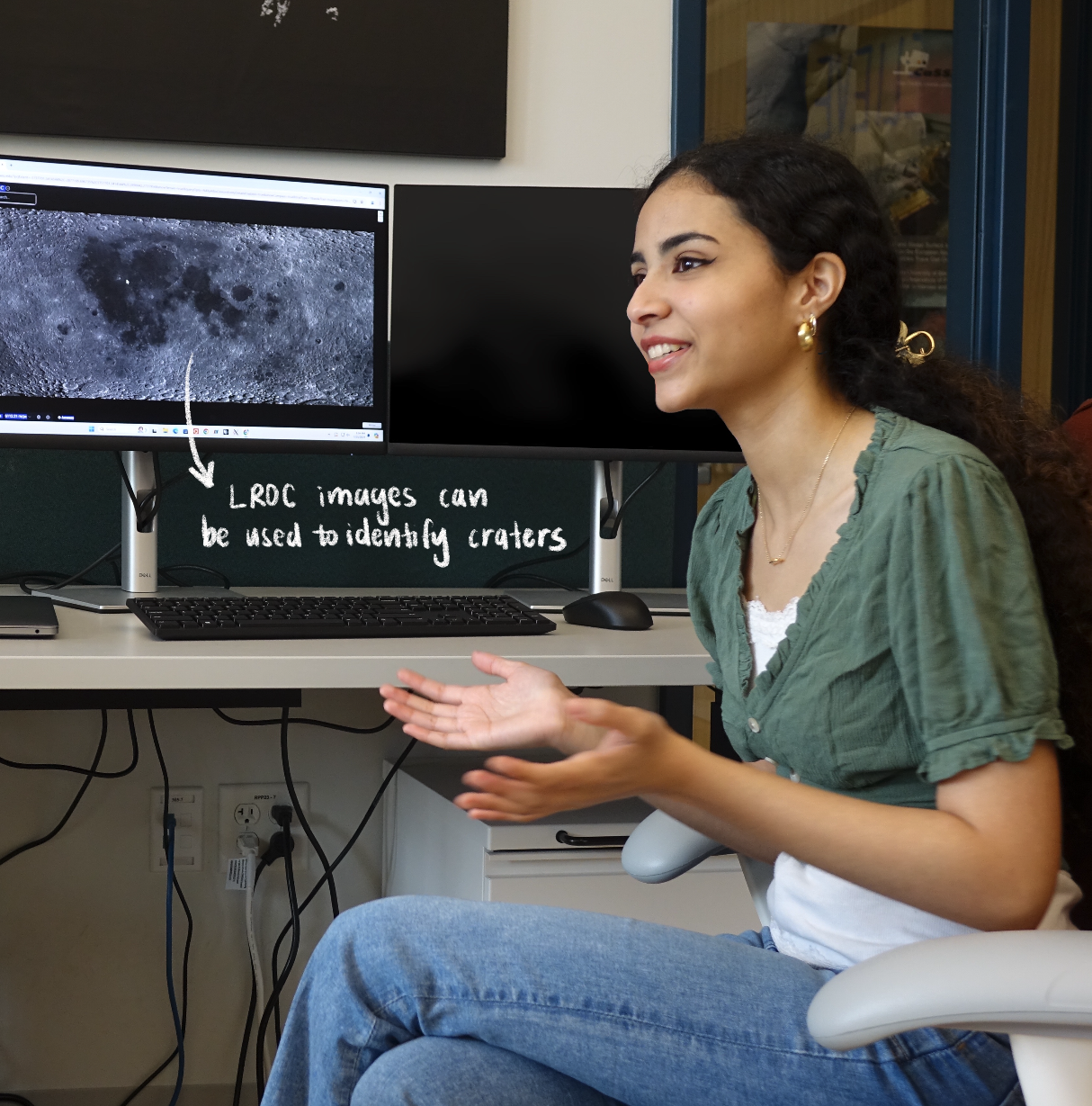 Sierra explaining her research beside a computer with moon images, with the added text "LROC images can be used to identify craters" 