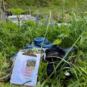 The Field Preparedness Guide brochure on a clipboard in the grass in Alaska mountains 