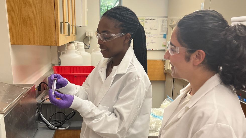 Two students working in a lab. 