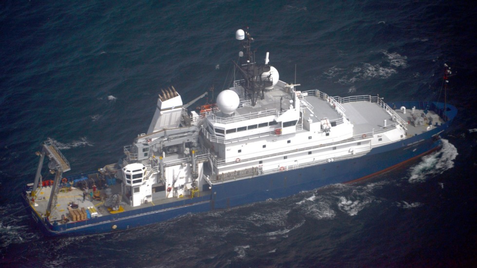 The R/V Sally Ride seen from a plane collecting observations of ocean currents, temperature, and phytoplankton. 