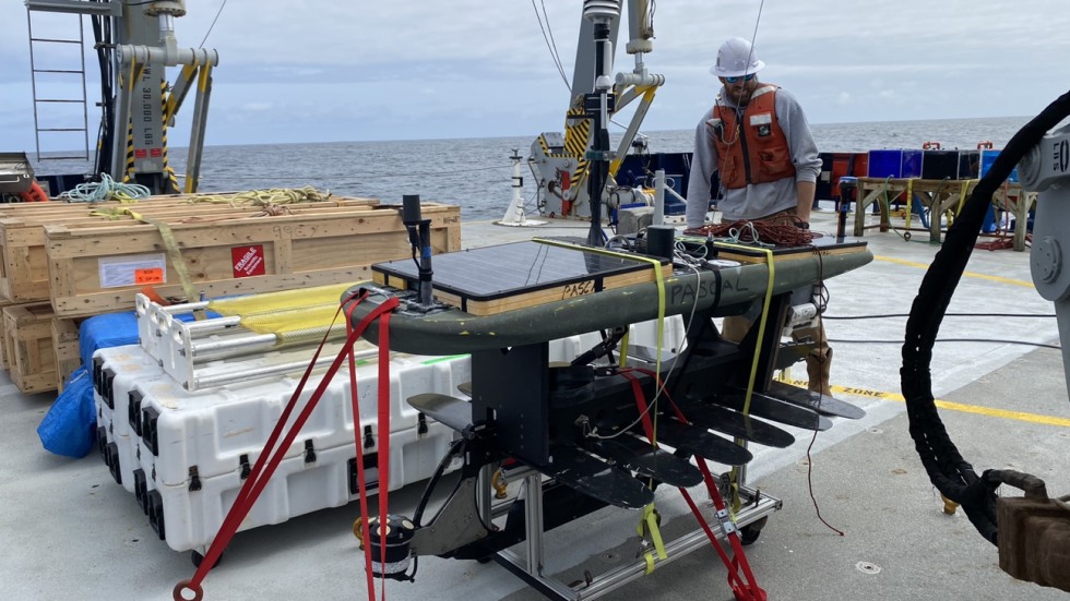 One of the autonomous platforms, a waveglider, on the deck of the R/V Sally Ride. 