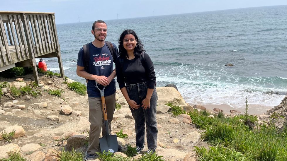 Zharia Hill and Isaiah Olds-Campanile at a Rhode Island beach doing fieldwork.