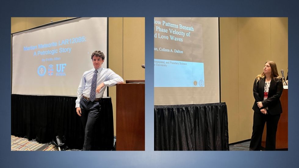 Two photos, one of Emilio Allan and one of Devynn Wilderman, each pointing at a Powerpoint presentation in a conference room. 