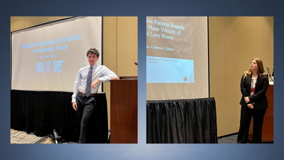 Two photos, one of Emilio Allan and one of Devynn Wilderman, each pointing at a Powerpoint presentation in a conference room.