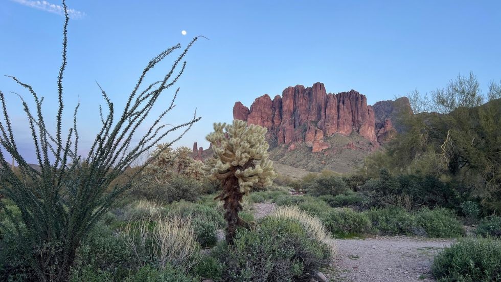 Cathedral Rock at twilight with the moon above