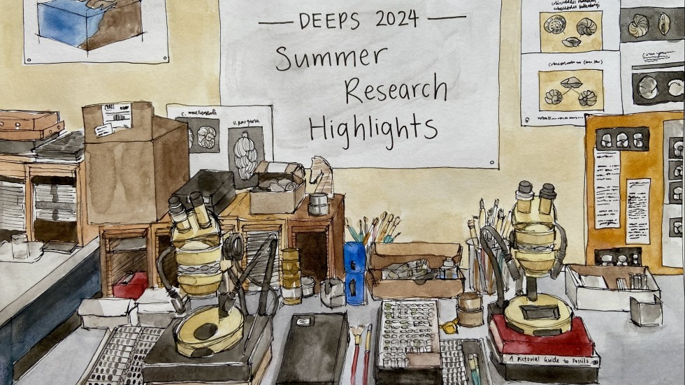 A watercolor painting of a DEEPS lab workspace, with a banner that says DEEPS 2024 Summer Research Highlights