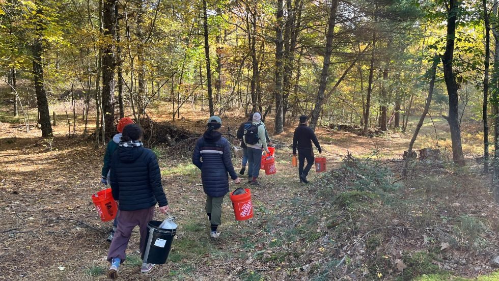 students walking through the woods carrying buckets 