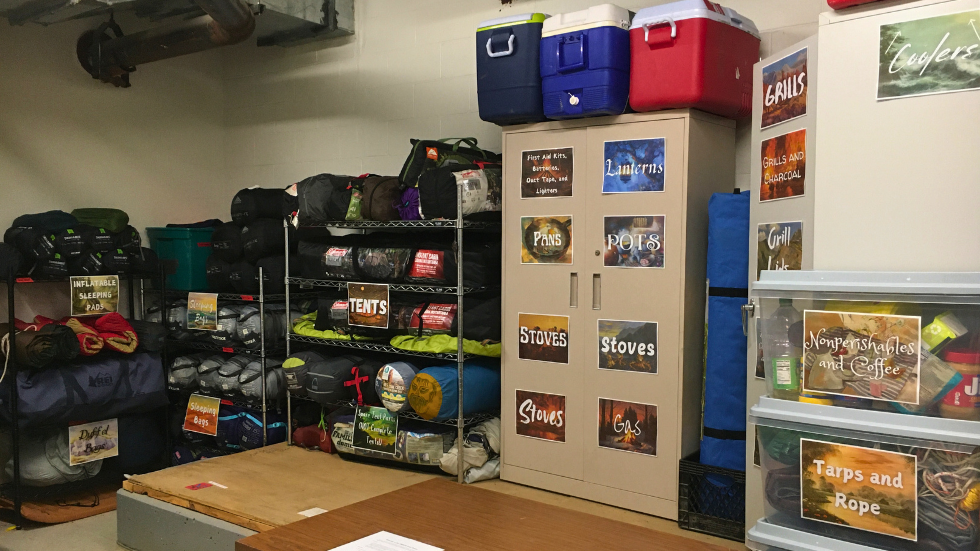 A wide photo of the newly-organized and labeled DEEPS gear storage room. 