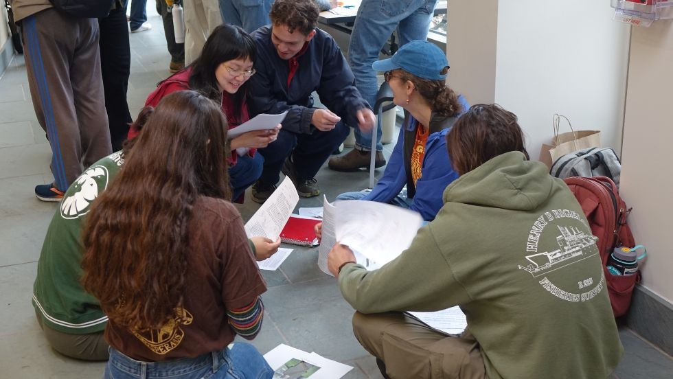 students and alumni sitting in a circle on the ground to look at old assignments with notes from Jan 