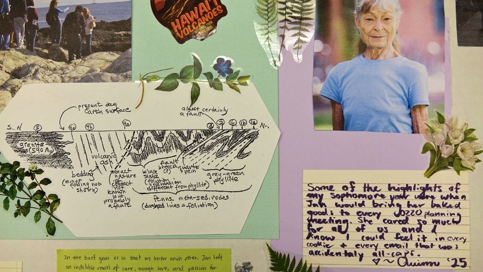 A closeup of a note and photos on the Jan memorial tapestry 