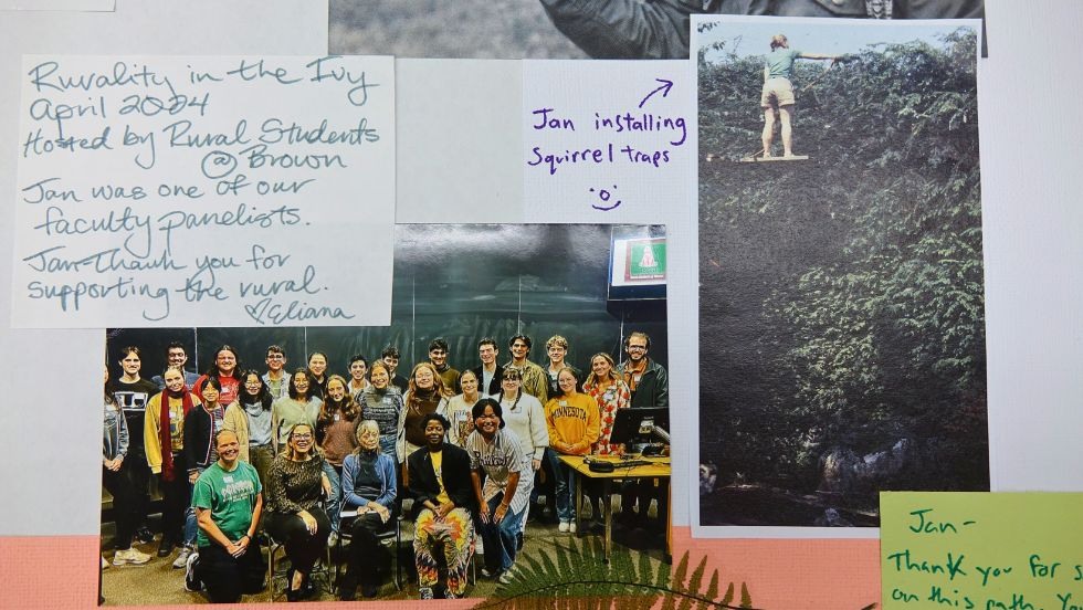 A closeup of a note and photos on the Jan memorial tapestry 