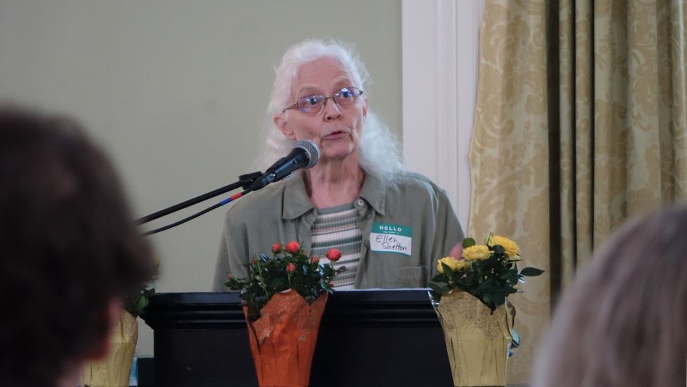 Ellen Shelton (Jan's sister) speaks at the reception 