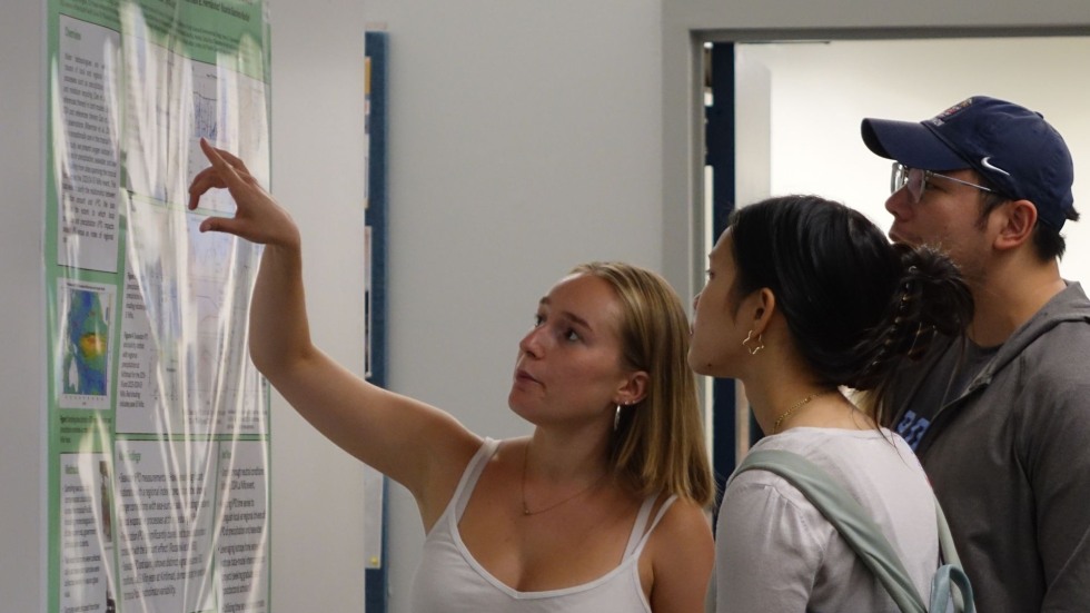 a student pointing at her poster while discussing with two others