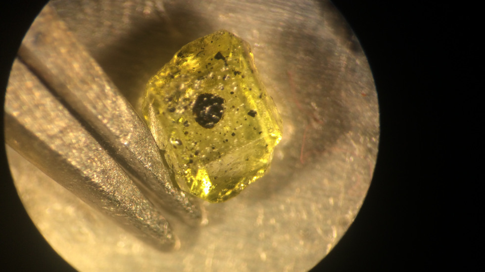olivine crystal under a microscope, with an inclusion visible in the center of the crystal.
