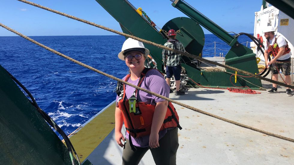 Photo of Olivia on the R/V Kilo Moana in 2022 in the Western Pacific Seamount Province.