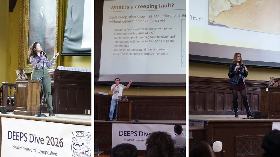 a collage of three photos of students on stage presenting their research