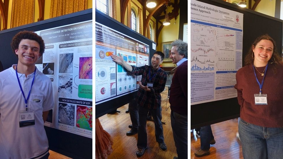 a collage of three photos, two of students posing beside their research posters, one of a student discussing their poster with an attendee  
