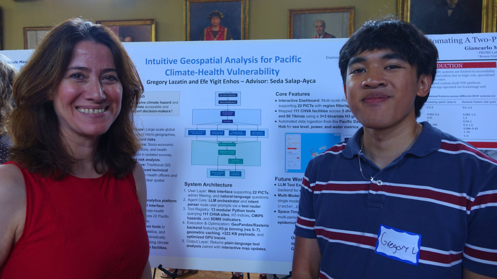 Gregory Lazatin beside Professor Seda Salap-Ayca in front of Gregory's poster