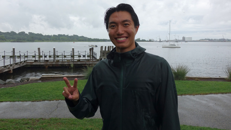Derrick Han smiling in the rain at India Point Park, Providence 