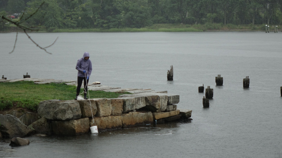 one of the team members lowering a bucket into the water at India Point Park 