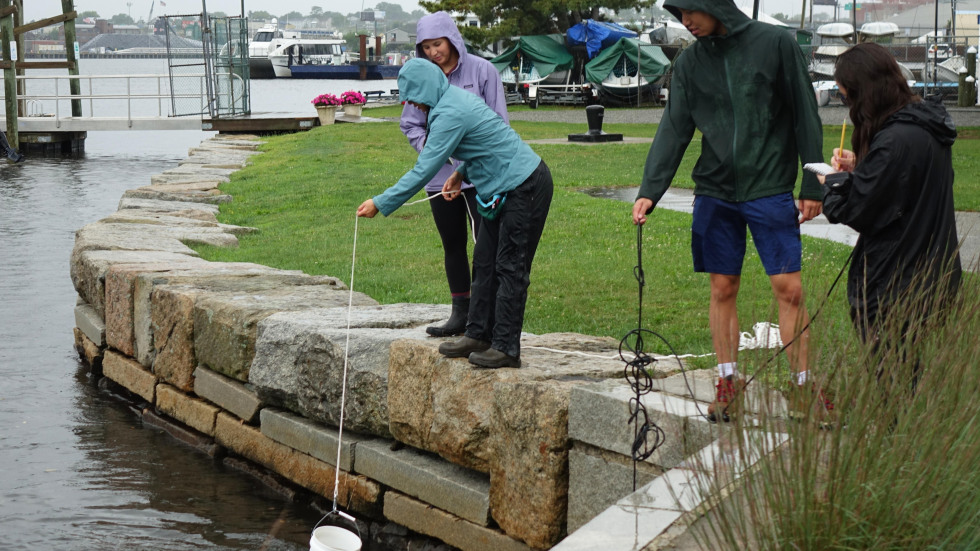 students work together to lower a bucket into the water for samples