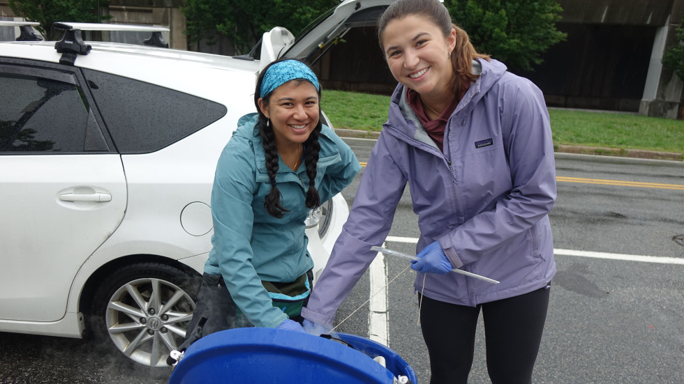 Shailja and Karsen smiling togehter while processing samples  