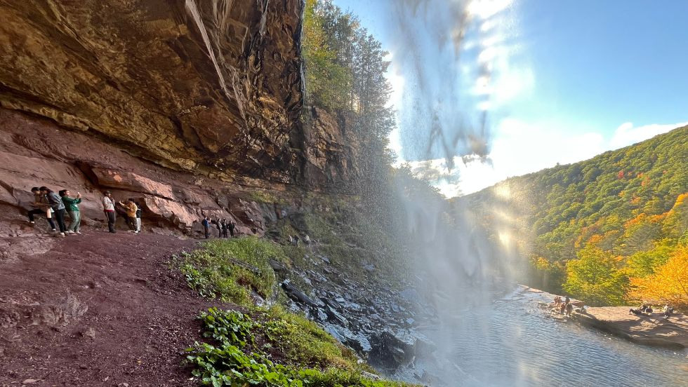 students hiking behind a waterfall, overlooking a forest of fall colors 