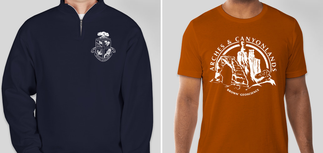 Example photos of the DEEPS Field Trip 2022 navy blue quarter-zip and red t-shirt